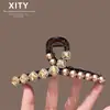 Pinza Grande para el Cabello Color Champagne con Pedrería y Perlas Estilo Coreano y Japonés para Peinados Elegantes con Cabello Grueso