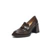 Mocassins de Salto Alto de Pele de Ovelha Camélia Silenciosa Camada Superior Outono 2025 Salto Bloco Bico Redondo Couro Genuíno Boca Profunda Sapatos Individuais para Mulheres