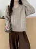 Suéter retro para mujer para otoño e invierno, estilo holgado y simple, nuevo jersey de punto con cuello en V y manga larga para mujeres petite