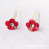 Horquilla Étnica Flor de Ciruelo Rojo Diamante Flor de Cinco Pétalos Clip en Forma de U Nupcial Moño Horquilla Pasador Adorno para el Cabello
