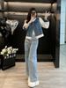 Roupas esportivas da moda, um conjunto de outono feminino de 2023, costura de cor contrastante, casaco jeans de manga comprida, roupas femininas de duas peças
