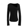 Nova Camiseta Ombro Camisa Base Assimétrica Blusa Leve de Lã Tencel Slim Fit Plissada Manga Longa Top 4513