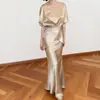Traje de Dos Piezas de Acetato Importado de Alta Gama Color Champaña para Primavera y Otoño, Top de Satín Femenino y Elegante, Falda de Cola de Pez