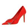 516-H31 Zapatos de tacón alto de aguja para mujer, de moda coreana, para banquetes, de gamuza, con punta baja y lazo de diamantes de imitación.