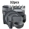 Juego de 32 piezas de Plástico Transfronterizo PP Plato Tazón Taza Cuchillo, Tenedor, Cuchara y Plato Vajilla para el Hogar Plato Cuadrado Tazón para Sopa Taza de Agua
