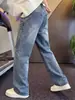 Novos Jeans Americanos de Cintura Alta para Primavera e Outono, Corte Reto, Modelagem Solta, Lavados e Desgastados, Calças Compridas Casuais Tendência, Calças de Perna Larga