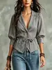 Otoño 2026 Nuevo Transfronterizo Europeo y Americano Comercio Exterior Elegante para el Trabajo Color Sólido Blazer con Lazo en la Cintura Camisa Abotonada con Cuello para Mujer
