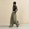 Jeans patchwork retro americano, nuevos pantalones casuales de calle sueltos de pierna ancha y corte curvo, verde militar