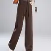 Calça de Lã e Seda Cinco Gansos Brancos 6233 para Mulheres, Calça Reta Drapeada, Calça Wide Leg de Camada de Ar Espessa, Emagrecimento e Caimento Solto