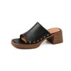 Sandálias Slip-On de Verão 2026 com Salto Bloco, Versáteis e Simples, Sapatos Preguiçosos Abertos na Ponta e Quadrados com Rebites e Salto Alto