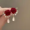 Pendientes Adecuados para Otoño e Invierno, Pendientes Retro de Terciopelo Borgoña con Rosa para Otoño e Invierno, Ambiente de Año Nuevo, Pendientes de Moda y Versátiles para Mujer
