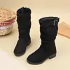 Botas infantis plissadas em camadas estilo coreano, novo modelo outono/inverno 2026, com tiras de fivela de couro, de calçar, afinadoras, bico redondo, botas longas para meninas