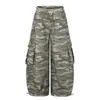 Pantalones cargo camuflaje retro americano con remaches y bolsillos grandes para hombre y mujer, holgados, con cordón, pierna ancha, casual, versátiles