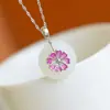 Collar de estilo étnico en plata s925 con incrustaciones de esmalte y flor de cerezo, colgante con hebilla de seguridad de jade hetiano natural