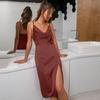 Site Independente da Amazon Moda de Verão Vestido Sexy com Alça Fina e Decote Franzido Elegante Vestido Longo de Cetim