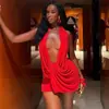 Moda Femenina Sexy de Estilo Europeo y Americano Transfronterizo Otoño e Invierno 2026 Vestido Corto Ajustado Sexy con Escote Halter en V Profundo sin Espalda Vestido de Color Sólido