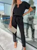 INS Pantalones de Lápiz Ajustados de Verano con Bolsillo de Caracol, Cintura Elástica, Cordones, Cuello en V, Manga Corta, Estilo Europeo y Americano para Mujer