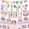Conjunto de decoração de mesa para festa de aniversário com tema Sanrio transfronteiriço com pratos de papel, guardanapos de papel e toalha de mesa Hello Kitty