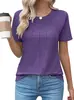 Top T-shirt feminino liso de manga curta plissada com gola redonda para primavera e verão