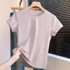 Camiseta de algodón acanalado de manga corta con pequeñas mangas volantes, corte ajustado, cuello redondo, color liso, versátil, suave y amigable con la piel, camiseta básica, suministro de fábrica