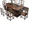 Conjunto de Mesa de Chá e Cadeiras de Madeira Maciça, Mesa de Chá para Escritório com Chaleira Integrada, Mesa de Chá Embutida para Preparo de Chá Kung Fu, Uma Mesa e Cinco Cadeiras
