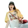 Camiseta de Manga Corta con Bloques de Color Divertidos y Estilo Dulce y Fresco, Estampado de Letras para Mujer, Verano, Cuadros Amarillos, Holgada, Moda, Top Adelgazante