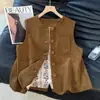 Foto real clássico top de botões único sem mangas Jaqueta colete de veludo cotelê estilo retro literário Nova moda Primavera e Outono