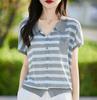 Cárdigan de Punto de Manga Corta con Rayas de Bloques de Color y Cuello Polo para Mujer, Talla Pequeña, Manga de Murciélago, Nuevo Estilo 25, Top Delgado con Solapa