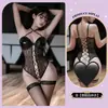 Conjunto Sexy de Renda Aberto na Virilha com Sinos para Jovem Mulher Alças Cruzadas Body de Couro Sintético Renda em Malha Roupa Feminina