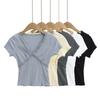 Playera Dulce de Oreja de Madera con Cuello en V para Mujer Verano 2025 Nuevo Encaje Puro Ajustado Adelgazante Combinable Manga Corta Top para Mujer