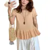Top de punto de seda helada con diseño de volantes estilo coreano, encaje nicho para ceñir la cintura, para mujer, camiseta de manga corta con cuello redondo de verano