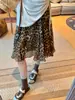 Falda Larga con Estampado de Leopardo Color Café para Mujer, Verano Delgada de Cintura Alta Elegante Línea A Adelgazante Casual con Volantes Midi