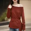 Outono Inicial 2025 Novo Estilo Tricô com Gola Uma Linha Manga Longa Feminino Cor Lisa Pulôver Aparência Emagrecedora Camiseta de Base com Cadarço