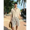 Camisa Masculina de Linho Manga Curta Marrom Melanóide Verão Estilo Old Money Roupa Camisa Patchwork Desconstruída Jaqueta Fina Proteção Solar