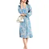 Vestido de Seda Azul con Estampado Floral, Manga de Farol y Cuello en V para Mujer, Estilo Vacaciones Románticas, Vestido Floral de Seda de Morera de Longitud Media