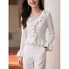 Nuevo Suéter de Punto con Cuello Volante Blanco para Mujer Otoño Manga Larga Adelgazante Vintage