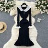 Novo Vestido de Tricô Vintage de Outono com Cor Contrastante, Gola Peter Pan, Cintura Marcada, Elástico, Slim-fit, Elegante, Franzido, Maxi