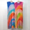 Vestido Degradado Arcoíris para Mujer, Nuevo Estilo de Verano, Estilo Dopamina, Cuello Redondo, Sin Mangas, Corte Holgado, Adelgazante, Vacaciones, Vestido de Longitud Media Issey Miyake