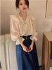 Foto Real de Primavera Nuevo Estilo Coreano Romántico Elegante con Volantes Cordón Encaje Camisa de Manga Larga Falda con Tirantes para Mujer 2 Colores