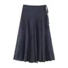 Saia Midi de Chiffon com Bolinhas Retrô para Mulheres, Cintura Alta com Amarração Lateral, Saia Evasê Drapada, Em Estoque