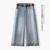 Calça Jeans Reta Bordada em Renda para Mulheres, Verão, Petite, Tamanho Plus, Cintura Alta, Emagrecedora, Caimento Solto, Calça Pantalona Cropped