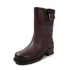 Botas de motocicleta de moda estilo británico de cuero genuino de 4 cm, nuevo modelo otoño e invierno 2026, puntera redonda, tacón grueso, botas slip-on con correa de hebilla