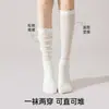 Calcetines apilados con zapatos de cuero pequeños, calcetines blancos de media pantorrilla para mujer de primavera y otoño, calcetines largos de lana con volantes de encaje estilo JK, perfectos para combinar con botas