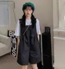 Overol Rosa de Cinco Puntos de Cintura Alta Reductor de Edad para Niñas, Estilo Coreano Holgado Casual Ropa de Trabajo Tirantes, Mono