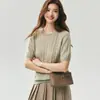 75% caxemira, 25% seda de amoreira - suéter de tricô vintage estilo old-money de manga curta para mulheres, gola redonda, tricô de trança tridimensional