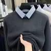 Suéter de punto falso de dos piezas con forro polar y cuello alto para hombre de mediana edad y mayor, temporada Otoño/Invierno 2026, parte superior básica gruesa tipo "papá" para hombre