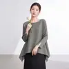 Top de camiseta irregular de calidad Miyake para mujer, cuello redondo, corte holgado, dobladillo ancho, plisado, casual, versátil, blusa de manga larga