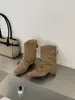 2026 Botas de Meia-Canela Retro Tendência Aumento de Altura Fivela Maillard Bico Quadrado Botas de Moda Botas Western Sandálias