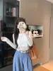 Camiseta de manga comprida com retalhos de renda listrada para mulheres, estilo fino de verão, modeladora, solta, casual, para baixinhas, curta, proteção solar