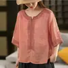 Camisa bordada estilo étnico vintage para mujer, camiseta de verano fina ajustada de manga de cinco cuartos para exportación
